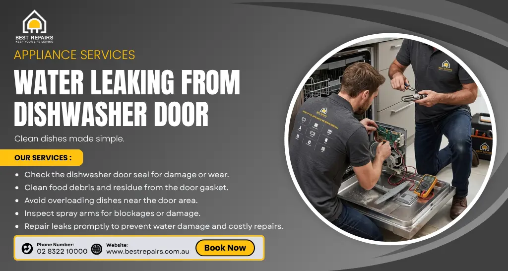 Water leaking from dishwasher door due to a damaged seal, faulty gasket or dishwasher door leak issue requiring repair.