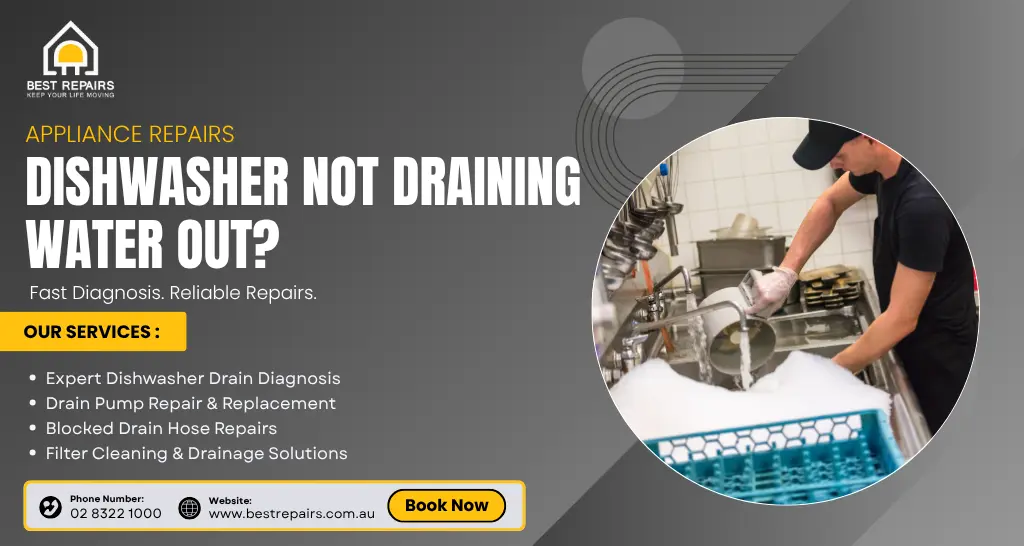 Technician repairing a dishwasher not draining water out in Sydney