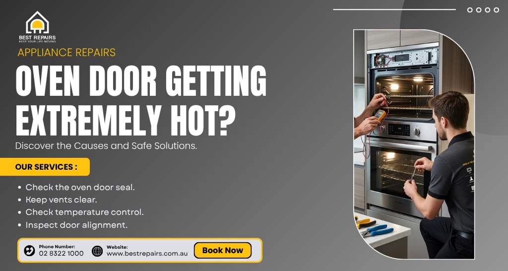 Oven door gets extremely hot due to seal, ventilation or temperature control issues.